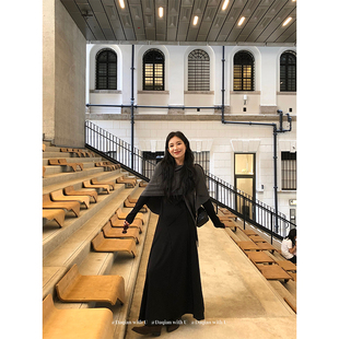 鄭大钱 正反两面穿 原创自制 长袖U领连衣裙女黑色拼接收腰长裙子