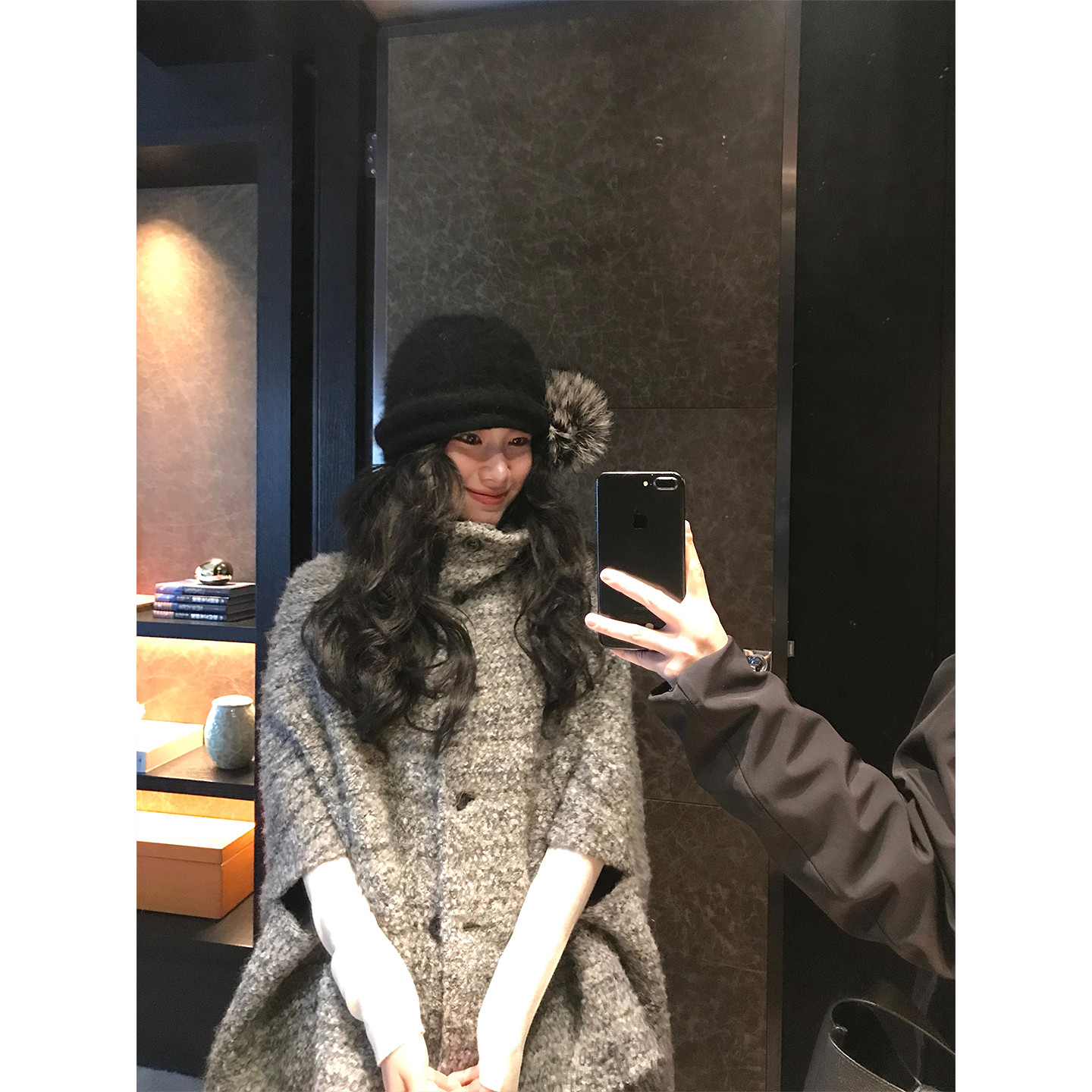 DaqianwithU 灰色高圆领斗篷披肩上衣女显瘦百搭加厚开衫毛呢外套