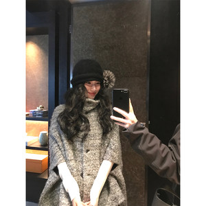 大钱 Daqian with UDaqianwithU 灰色高圆领斗篷披肩上衣女显瘦百搭加厚开衫毛呢外套