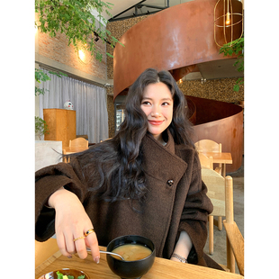 DaqianwithU 咖色加厚羊毛呢子大衣外套秋冬显瘦通勤短款加厚上衣