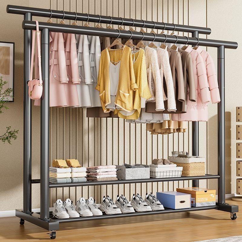 特粗特厚碳钢衣架落地立式家用卧室阳台挂衣架双排衣杆带轮晾衣架
