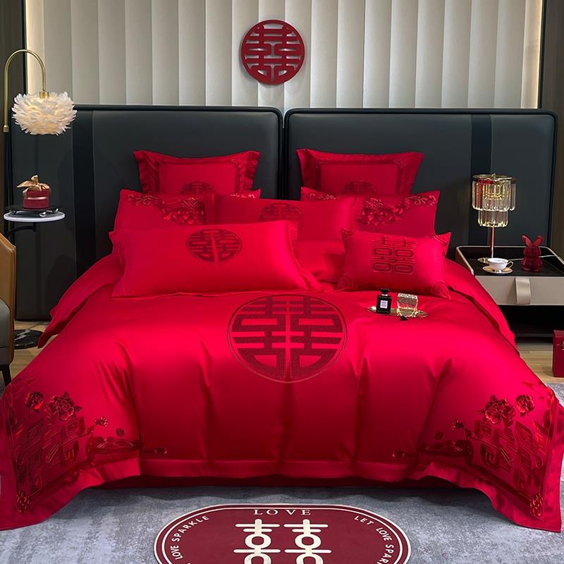 婚庆四件组婚嫁新婚床品刺绣被套红色结婚礼婚房婚床喜庆中式套件