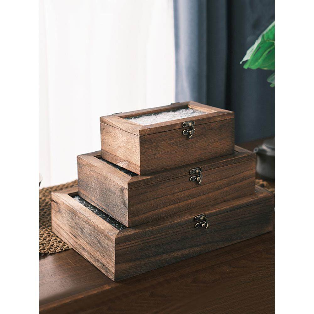 海棠花玻璃桌面收纳盒木质复古杂物储物箱家用桐木防尘翻盖首饰盒