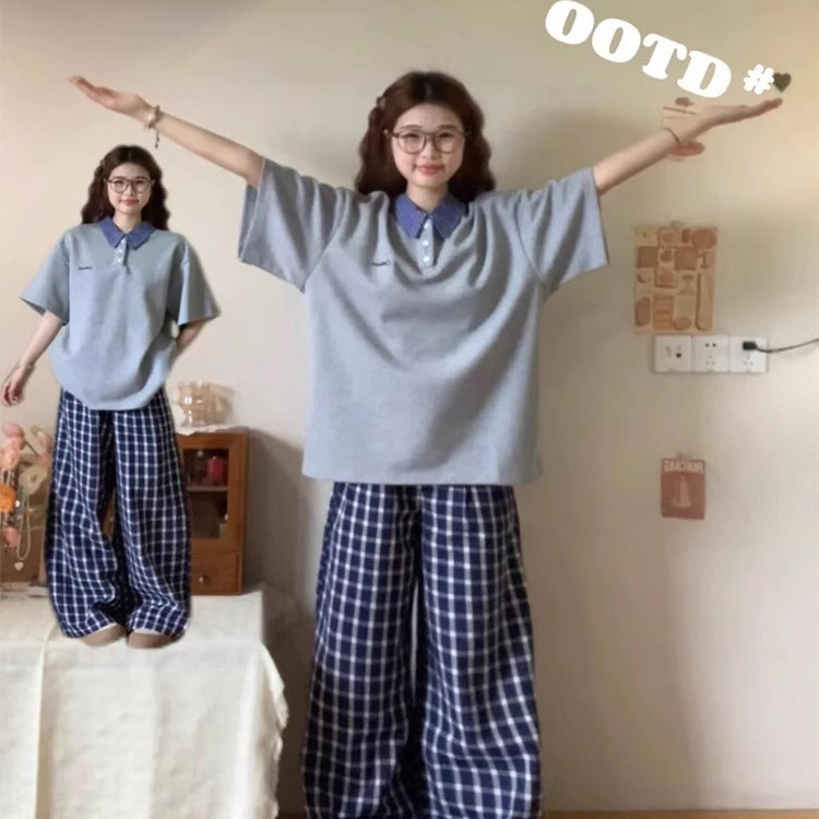 韩版慵懒风休闲运动套装女2025新款夏季翻领短袖格子裤学生两件套