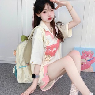 少女减龄时尚 夏季 短裤 甜美多巴胺运动套装 两件套 女华夫格翻领短袖