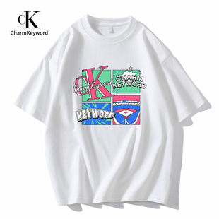 Charm Keyword男t恤2024新款美式夏季体恤白色纯棉宽松打底衫