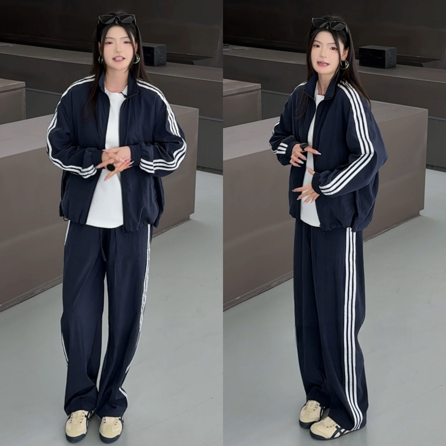 春季运动三条杠休闲风套装男士帅气潮流撞色条纹外套长裤两件套潮