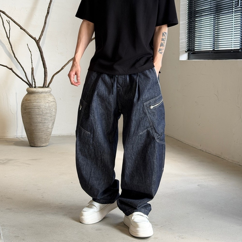 阔腿休闲松紧腰牛仔长裤男
