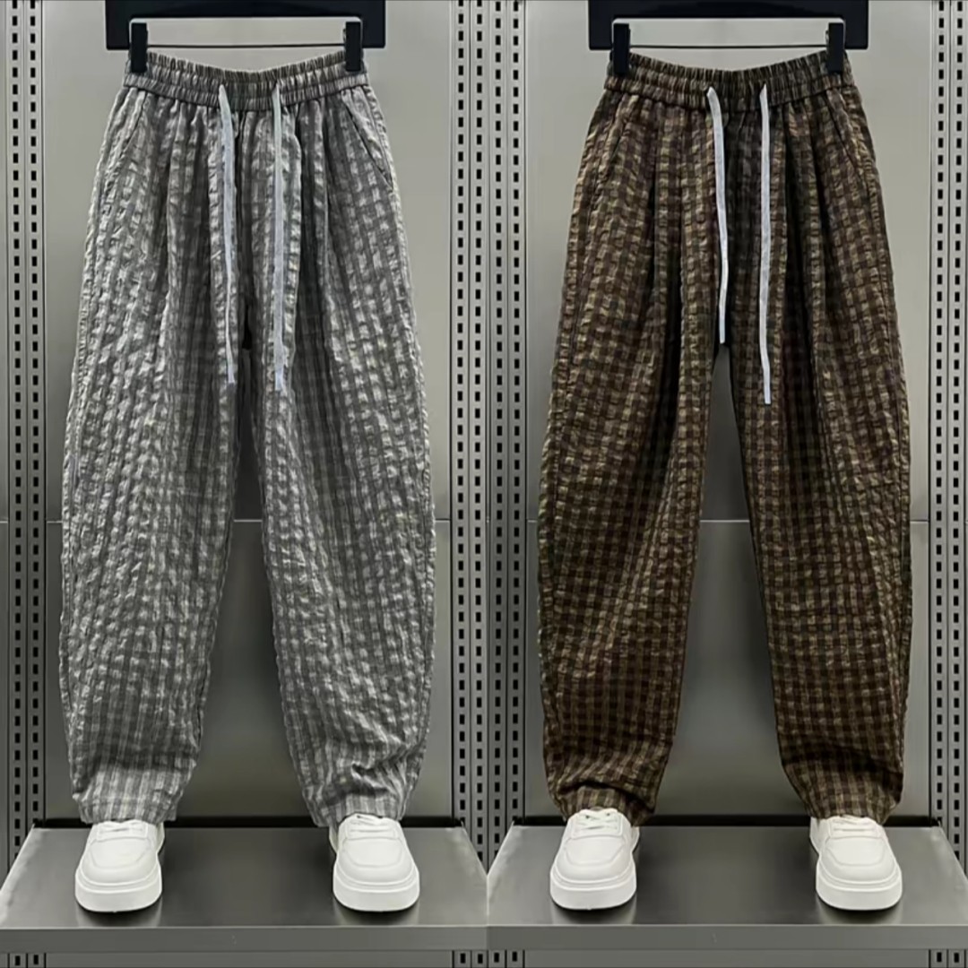 秋季新款男士百搭休闲裤韩版肌理感海岛泡泡格潮流休闲直筒格子裤