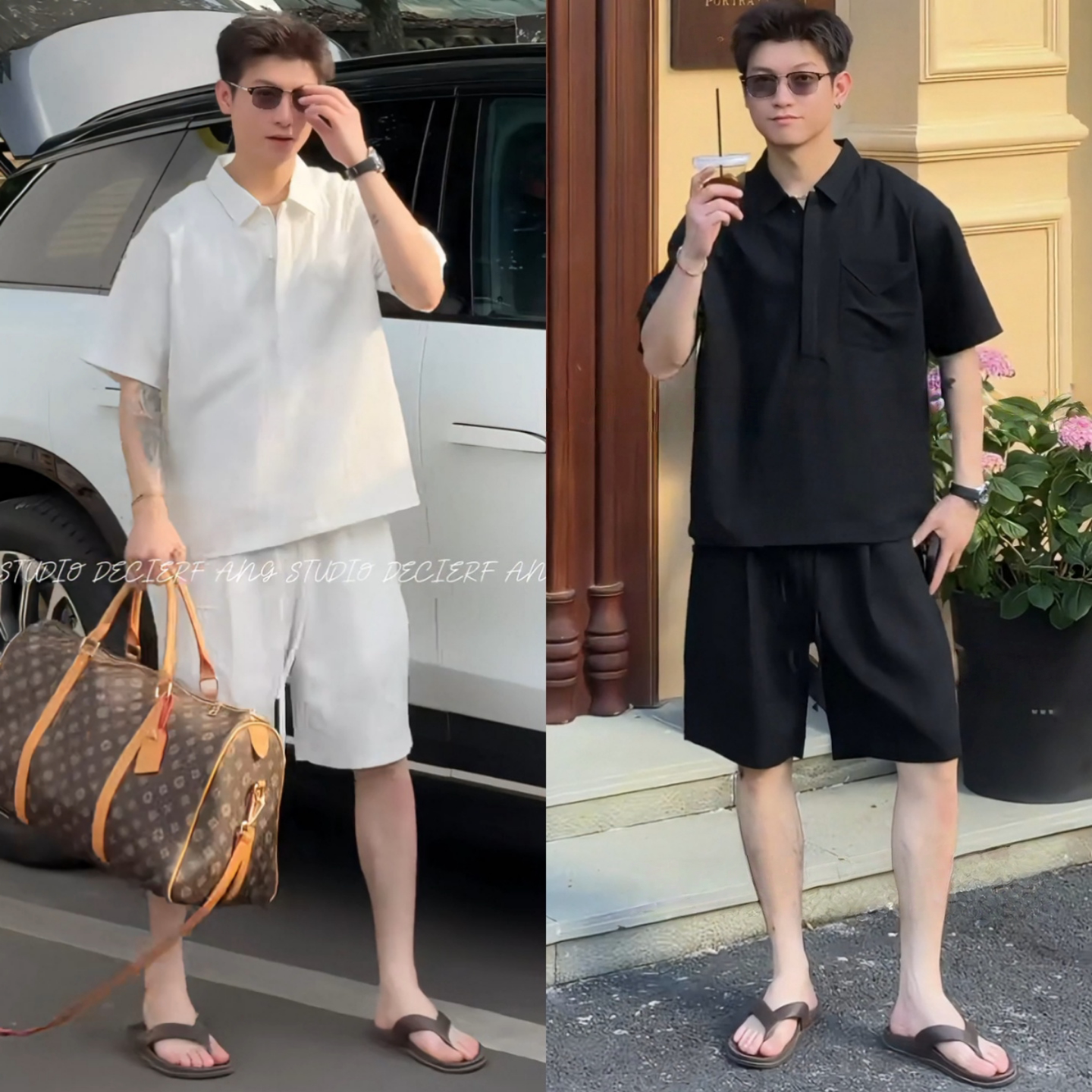 夏季男士简约短袖衬衫短裤套装