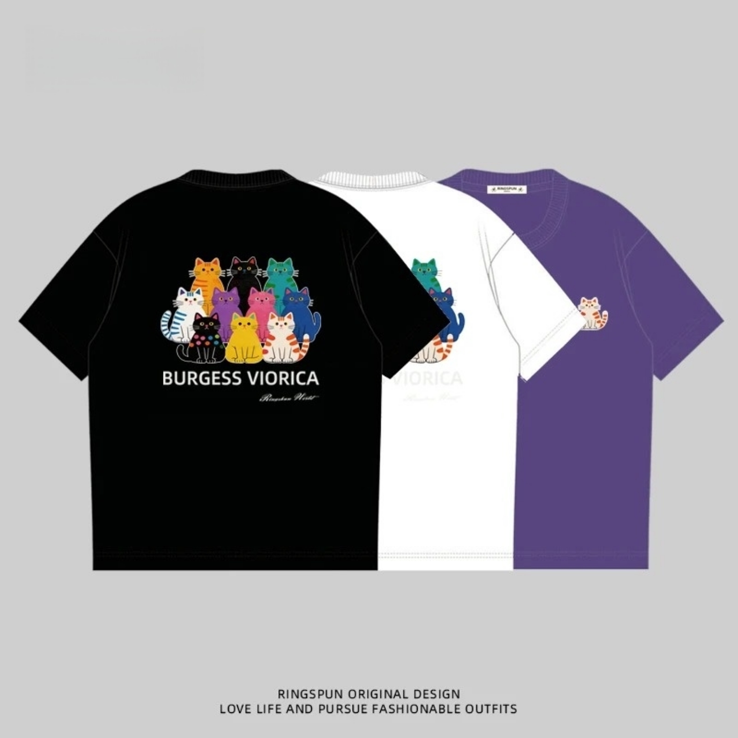 日系卡通猫咪可变色刺绣短袖T恤男士夏季休闲风圆领套头上衣潮酷