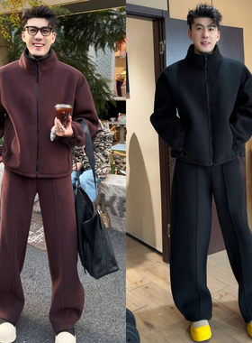 冬季男简约双面摇粒绒高领拉链外套直筒裤两件套休闲保暖运动套装
