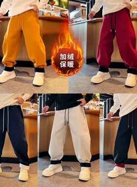 冬季加绒拼色设计百搭微弯刀裤慵懒风时尚潮流个性保暖男士休闲裤