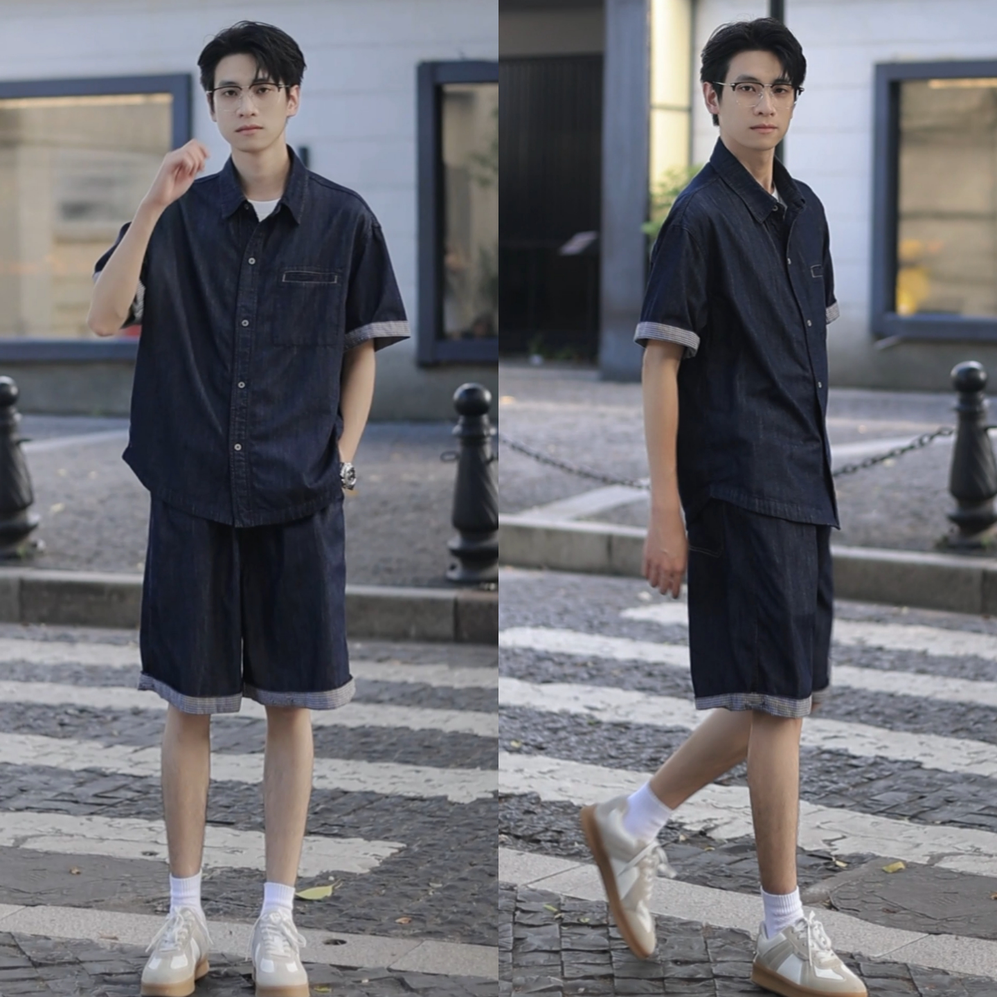 夏季牛仔男士短袖衬衫短裤两件套