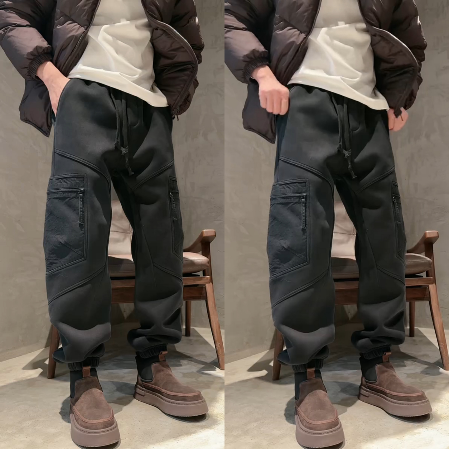 冬季加厚水洗做旧工装束脚卫裤男