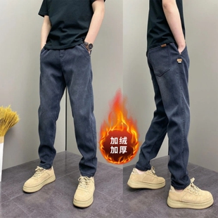 冬季爆款时尚潮牌ins休闲裤男士加绒加厚百搭卫裤美式痞帅牛仔裤