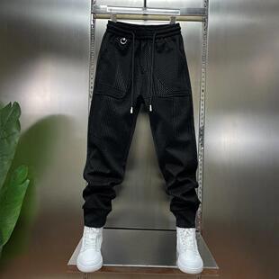 冬季新款男士加绒休闲裤纯色条纹时尚潮流百搭修身哈伦裤显瘦长裤