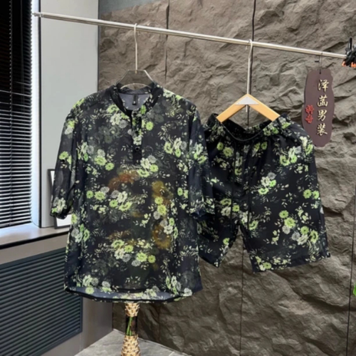 夏季复古风轻薄休闲套装男士韩版纱花T恤短袖休闲百搭短裤两件套