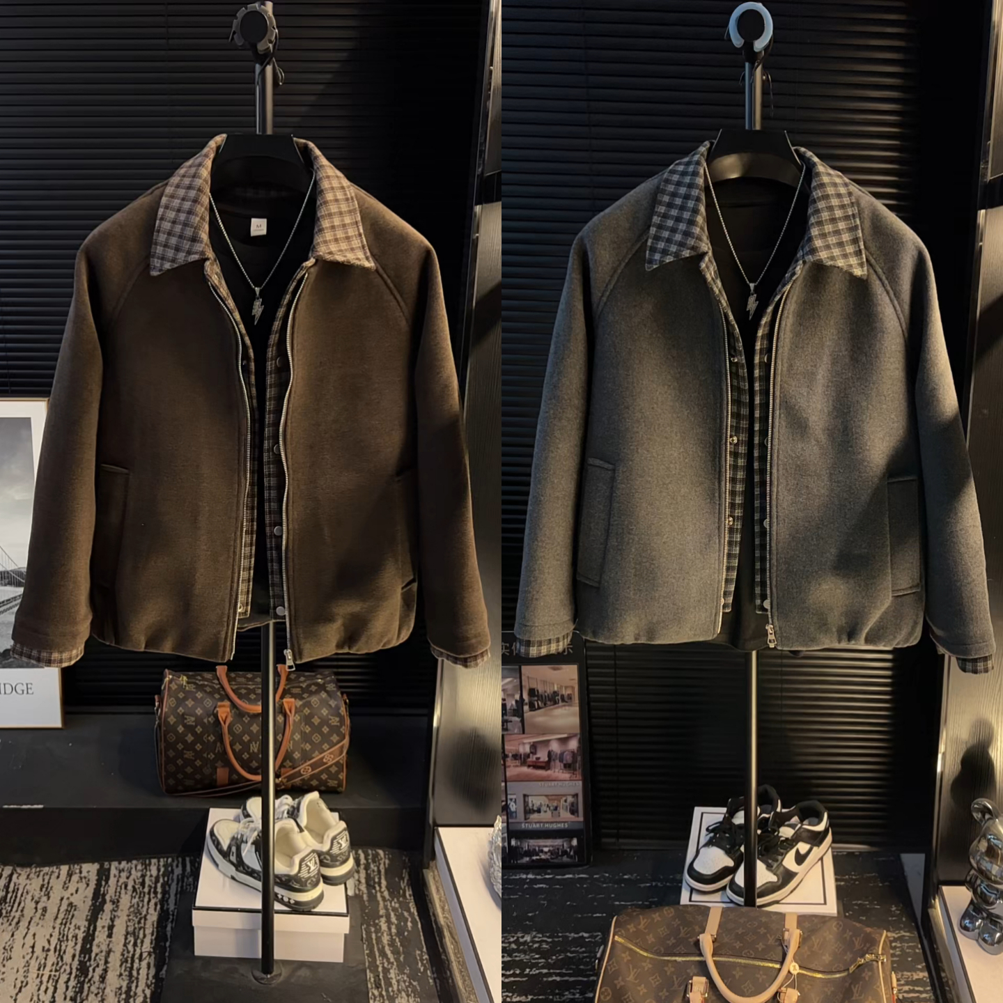 直播间同款轻奢老钱风男士外套拼接格子设计感韩版潮流上衣高级感