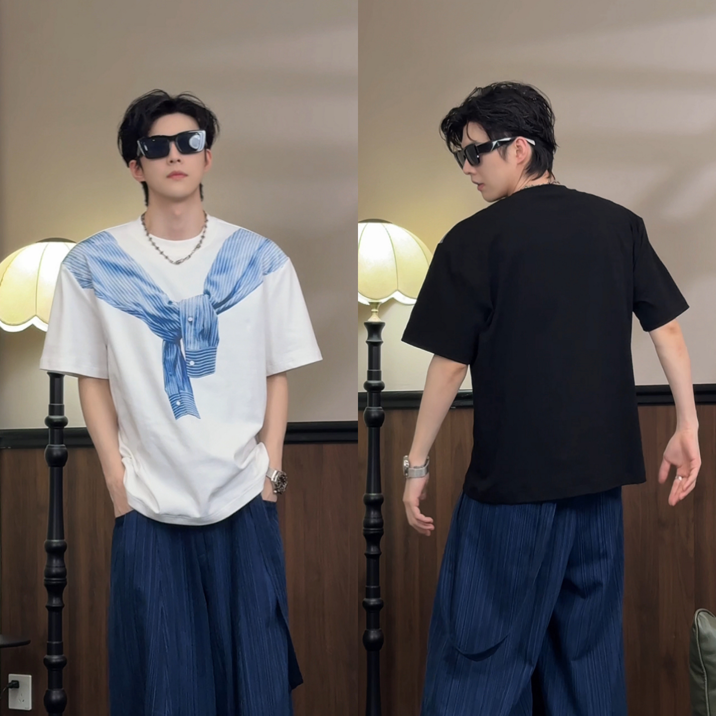 松弛风披肩条纹印花短袖T恤男士时尚休闲圆领半袖上衣春夏季休闲