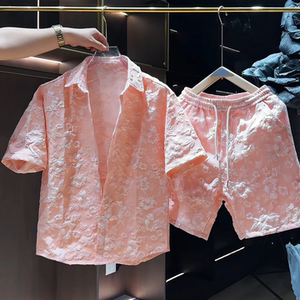 夏季男士浮雕压花设计小众痞帅短袖衬衫薄款潮流宽松衬衣短裤套装