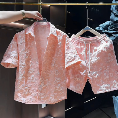 夏季男士浮雕压花设计短袖衬衫