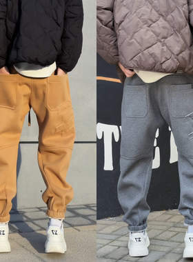 美式加绒款束脚卫裤男冬季新款潮流宽松休闲裤纯色简约小众运动裤
