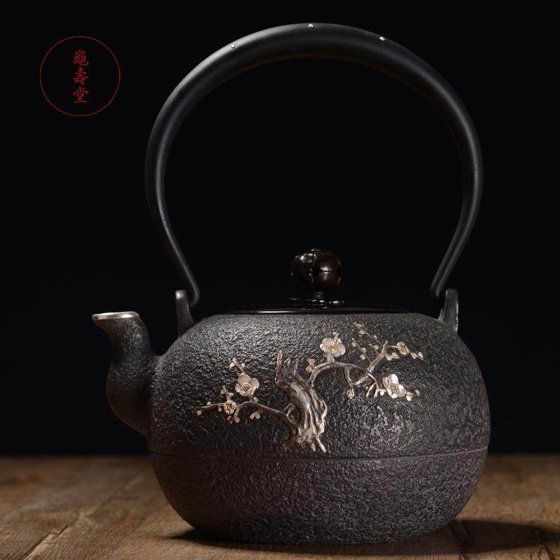 铁壶 龟寿堂日本手工银镶嵌梅树飞鸟无涂层铸铁壶 老铁壶烧水茶壶