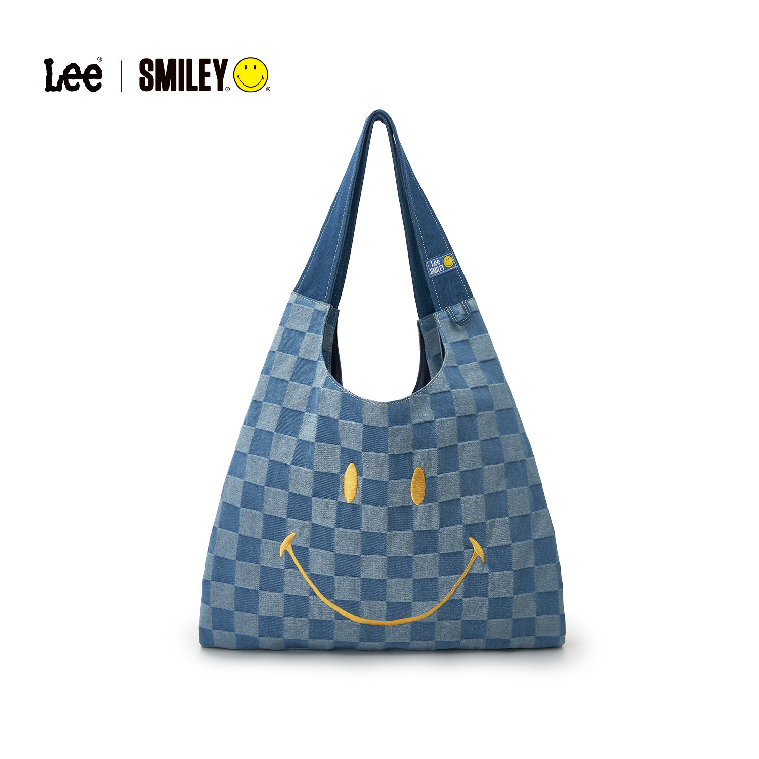 Lee×Smiley牛仔格纹笑脸托特包大容量购物袋女生通勤百搭单肩包,箱包皮具/热销女包/男包,托特包,淘宝优惠券,粉丝福利购,淘宝优惠卷