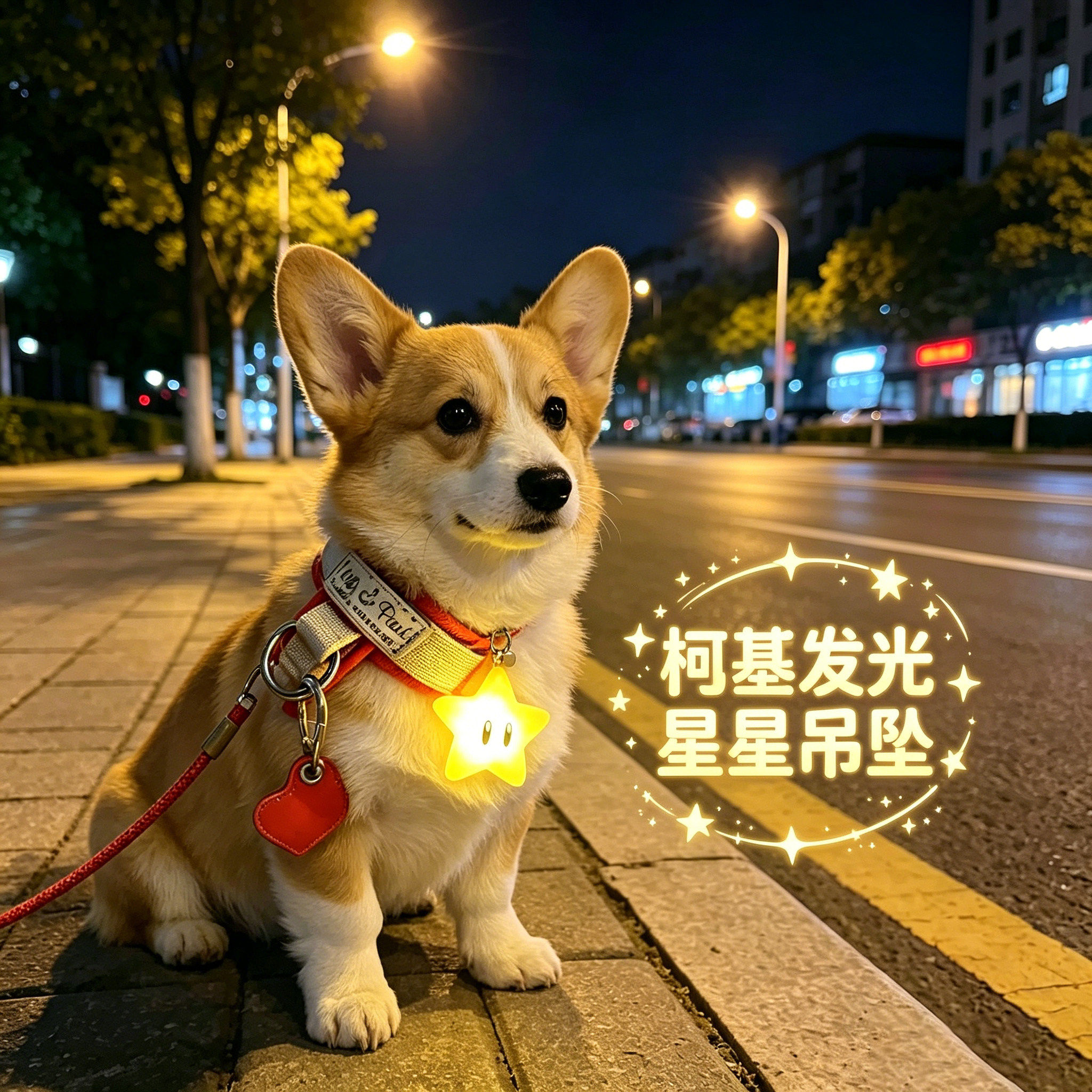 柯基专用狗狗夜间发光吊坠项圈夜晚发光灯防走失遛狗夜行灯星星灯