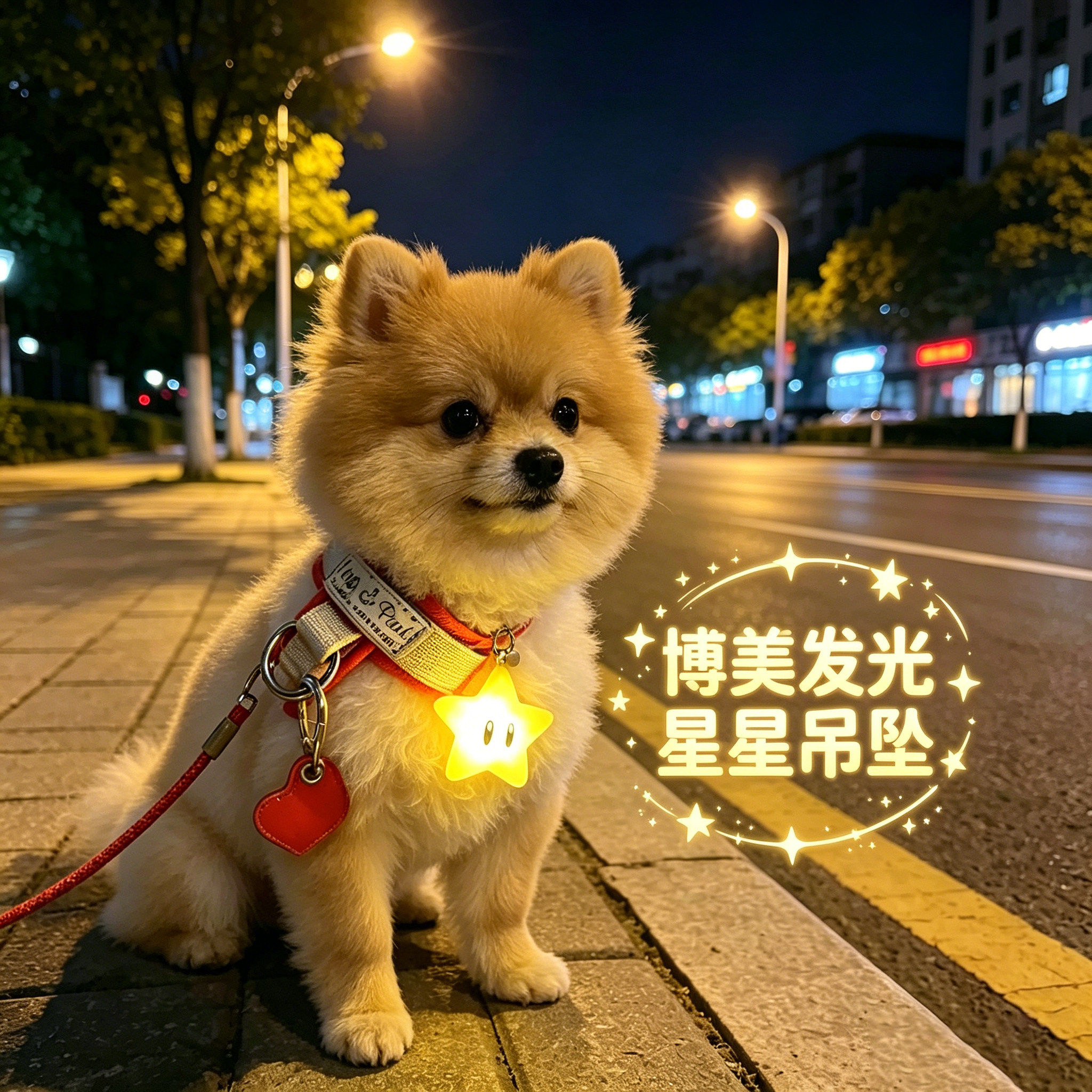 博美专用狗狗夜间发光吊坠项圈夜晚发光灯防走失遛狗牵引绳星星灯