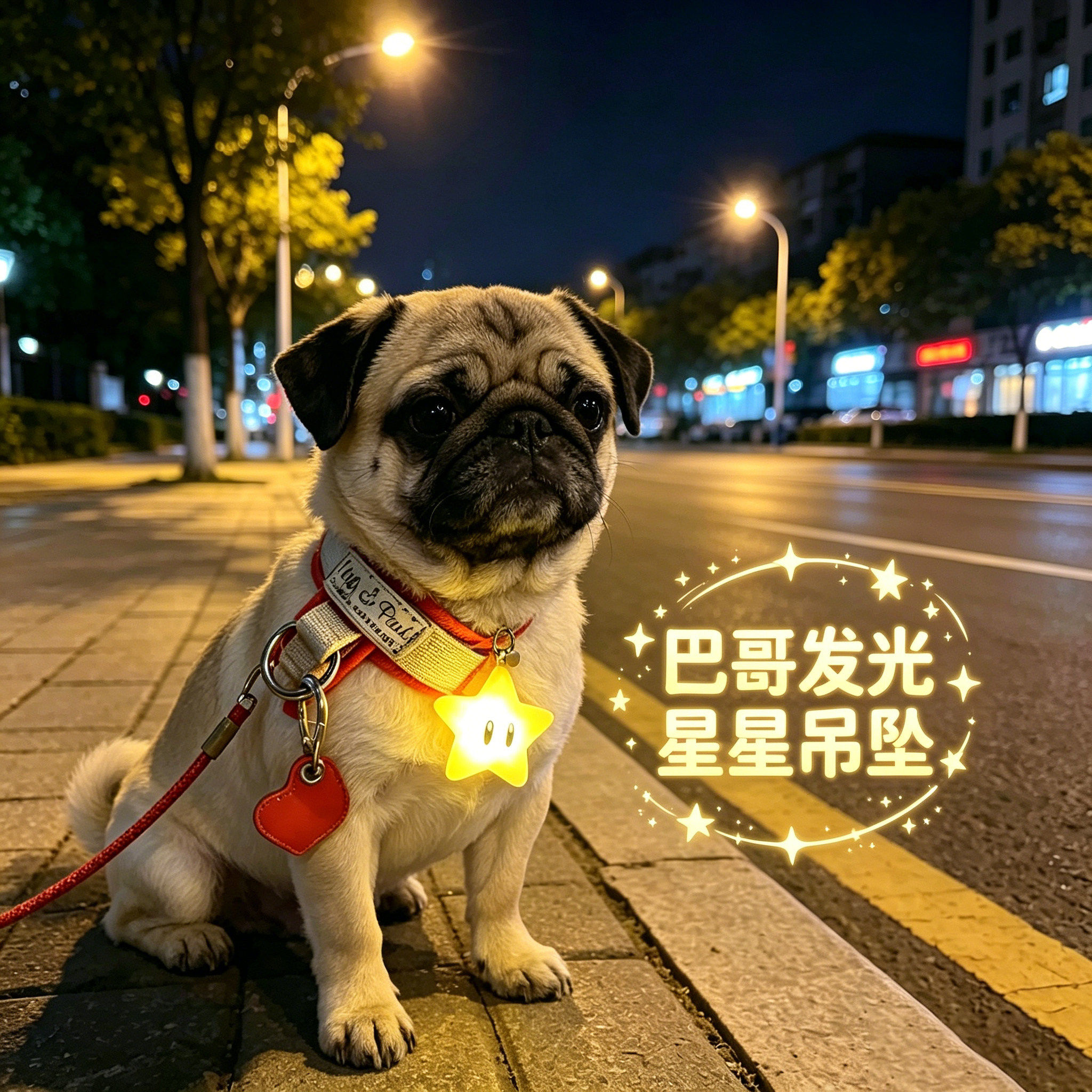 巴哥专用狗狗夜间发光吊坠项圈夜晚发光灯防走失遛狗牵引绳星星灯