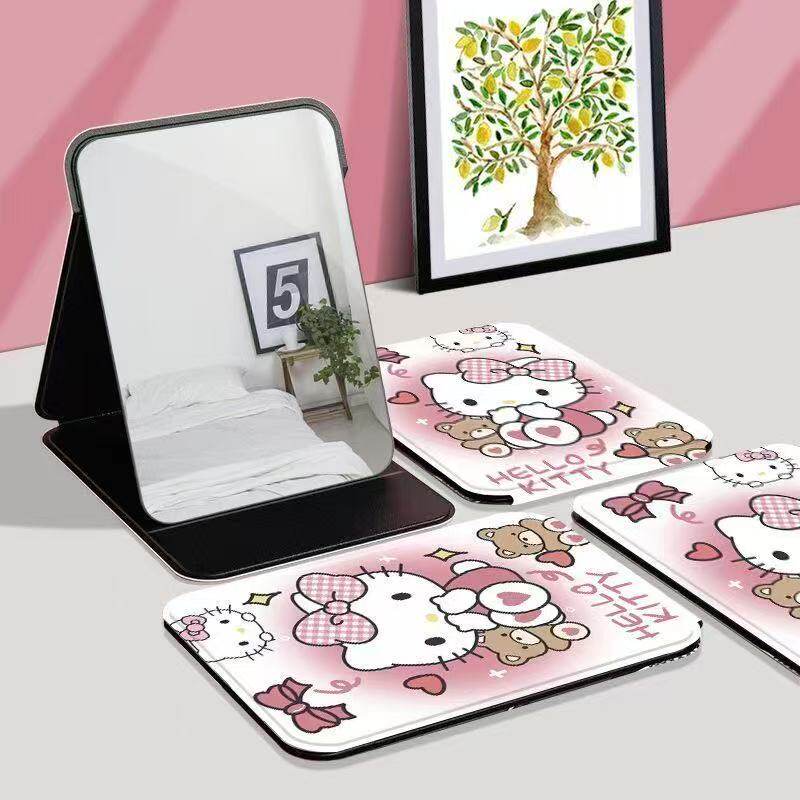 卡通KT猫折叠化妆镜便携外出旅行补妆镜长方形轻奢皮革学生宿舍梳