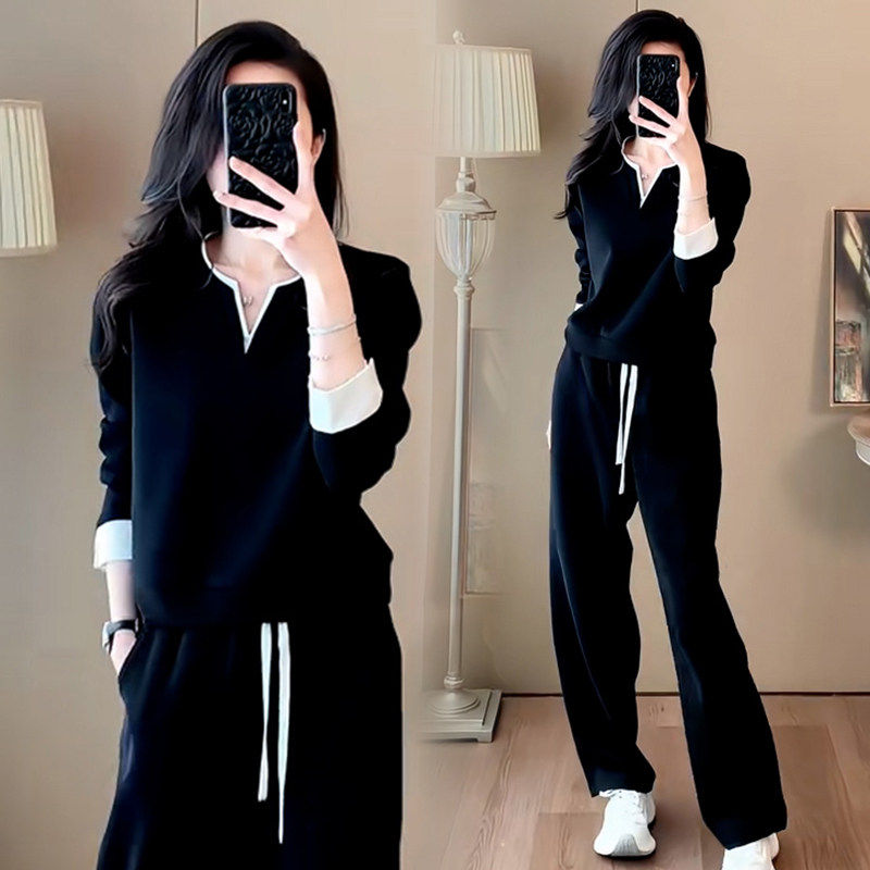 时尚休闲 V领长袖显瘦阔腿裤休闲 运动套装女春装高级感减龄两件