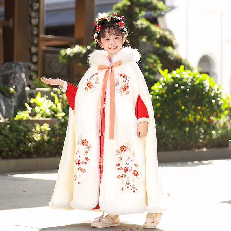 女童披风斗篷冬季儿童汉服加绒加厚中国风拜年服外出X披肩古装冬
