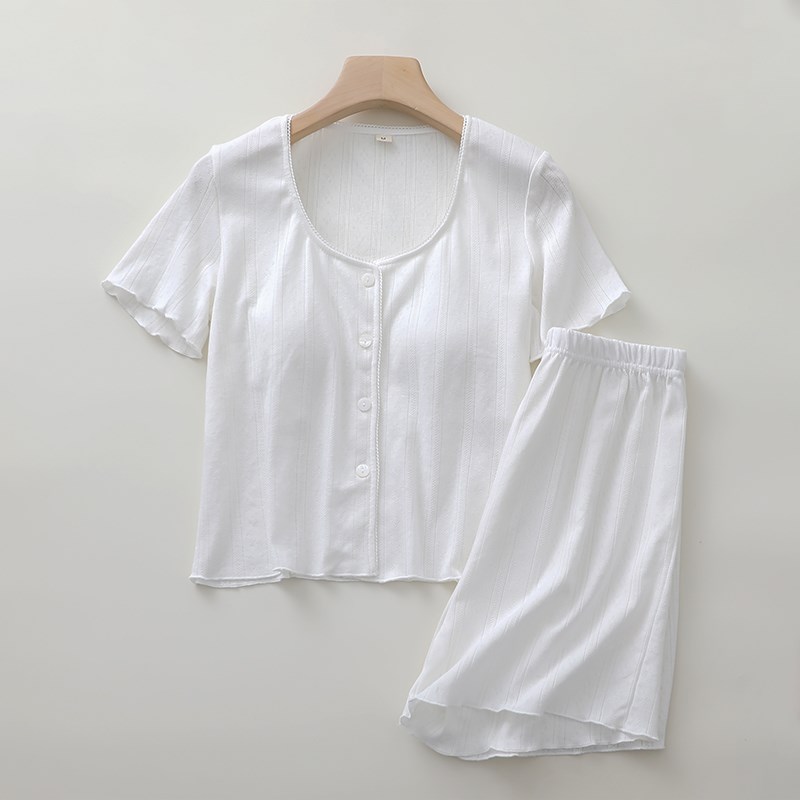 免文胸短袖短裤睡衣女生纯棉w白色木耳边清新小个子家居睡眠服夏