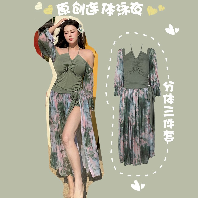 大码胖mm连体裙复古微胖女孩泳衣女式遮肉显O瘦保守长裙泡温泉泳