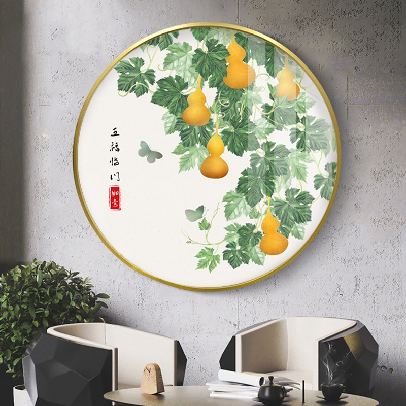 五福临门圆形玄关挂画葫芦餐厅装饰画卫生间O入户正对门福禄招财图片
