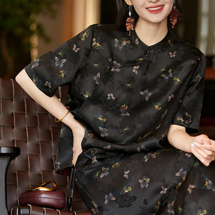 日本品质真丝香云纱 蝴蝶印花国风 100桑蚕丝花萝上衣开衫 女新中式