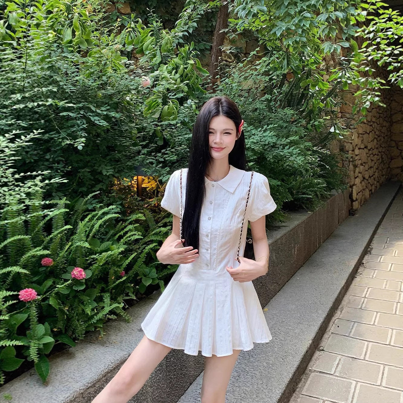 学院风白色衬衫连衣裙子女装2026新款夏季小个子百褶短裙套装穿搭