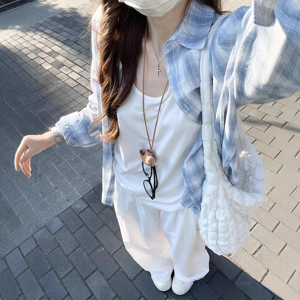 蓝色格子长袖衬衫女装春季薄款设计感小众法式上衣防晒衬衣外套夏