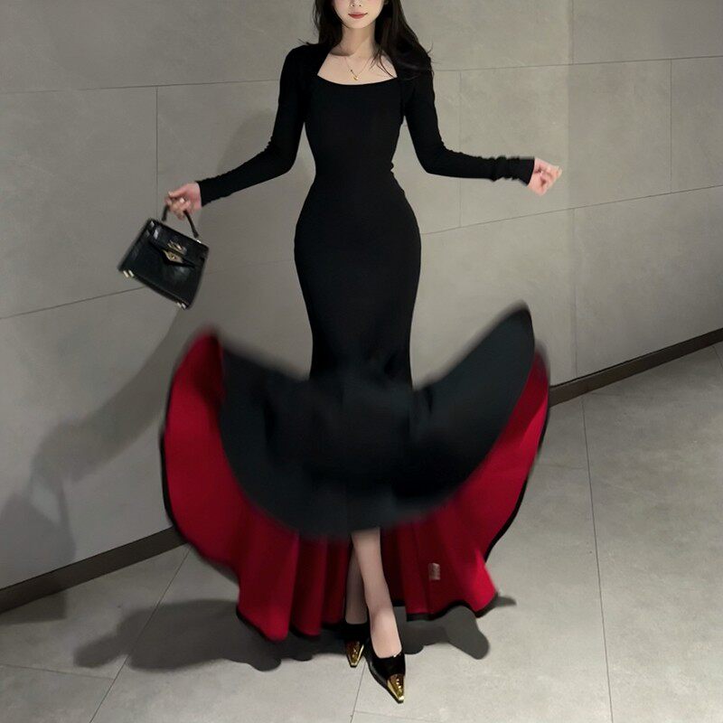 步步生莲方领连衣裙女装2026新款修身显瘦百搭包臀鱼裙气质长裙子