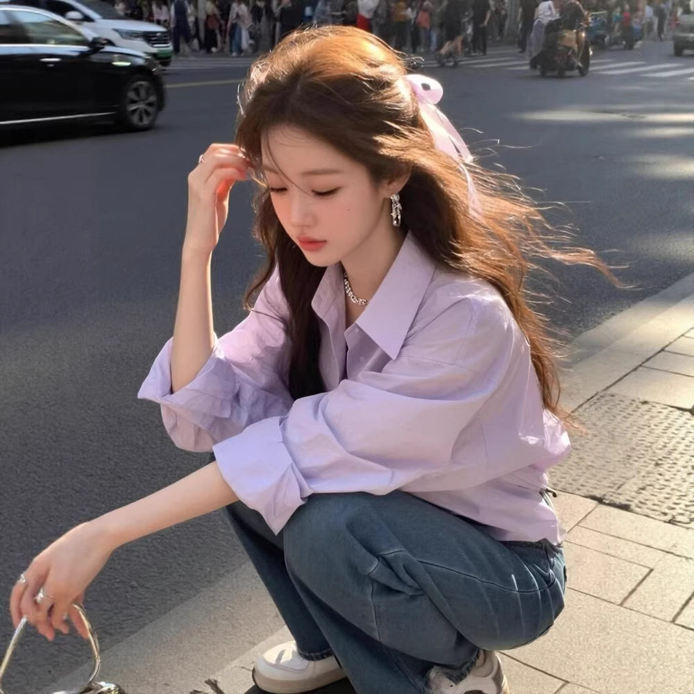 春季高级感叠穿紫色衬衫纯棉女韩系轻奢别致设计感小个子长袖衬衣