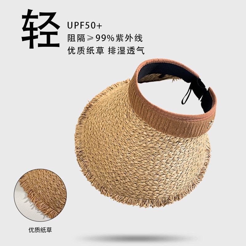 拉菲草空顶草帽大帽檐遮阳帽子女夏季防紫外线海边沙滩防晒帽