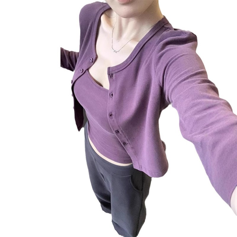 韩系辣妹紫c色吊带背心开衫T恤小个子短款修身上衣两件套装女秋季