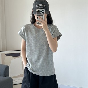 小飞袖 简约宽松遮肉显瘦纯色休闲棉质上衣服 短袖 tf恤女春夏打底衫