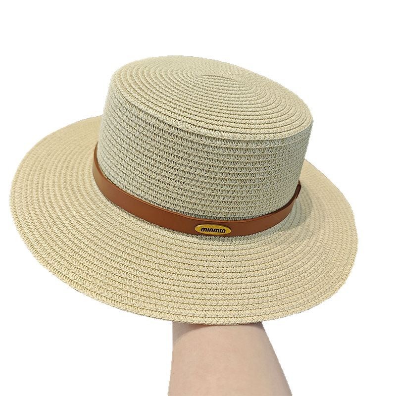 法式平顶白色草帽子女夏季复古英伦显脸小礼帽海边防晒沙滩遮阳帽