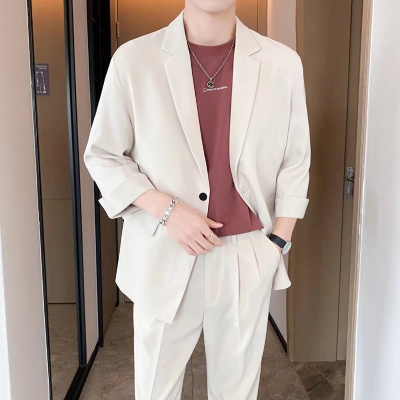 春夏季轻熟风薄款中袖韩版休闲西服套装男士潮流宽松小Z西装外套