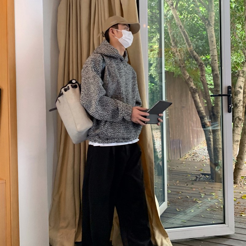 潮牌小香风连帽卫衣男春秋潮流重磅粗G花呢宽松套头百搭长袖上衣