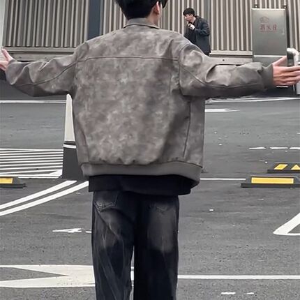 cleanfit灰色短款皮衣外套美式痞帅高级感男装复U古翻领机车皮夹